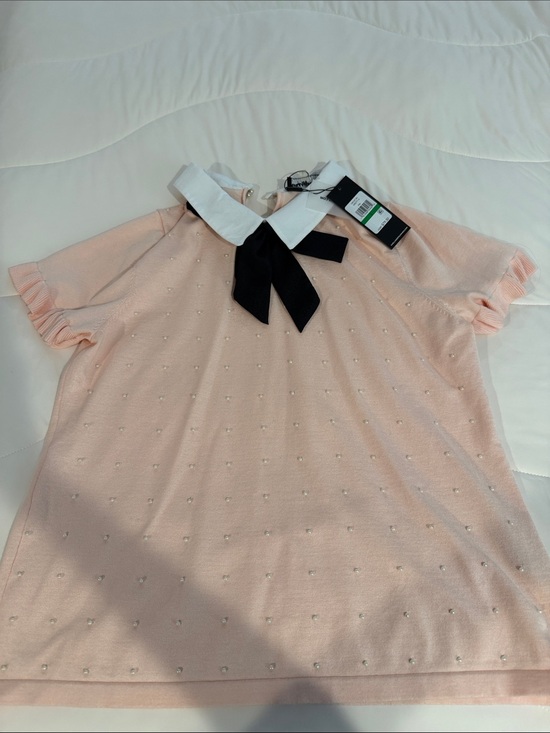 Karl Lagerfeld Tops - Karl Lagerfeld Pink Pearl-Embellished Knit Top with Contrast Collar